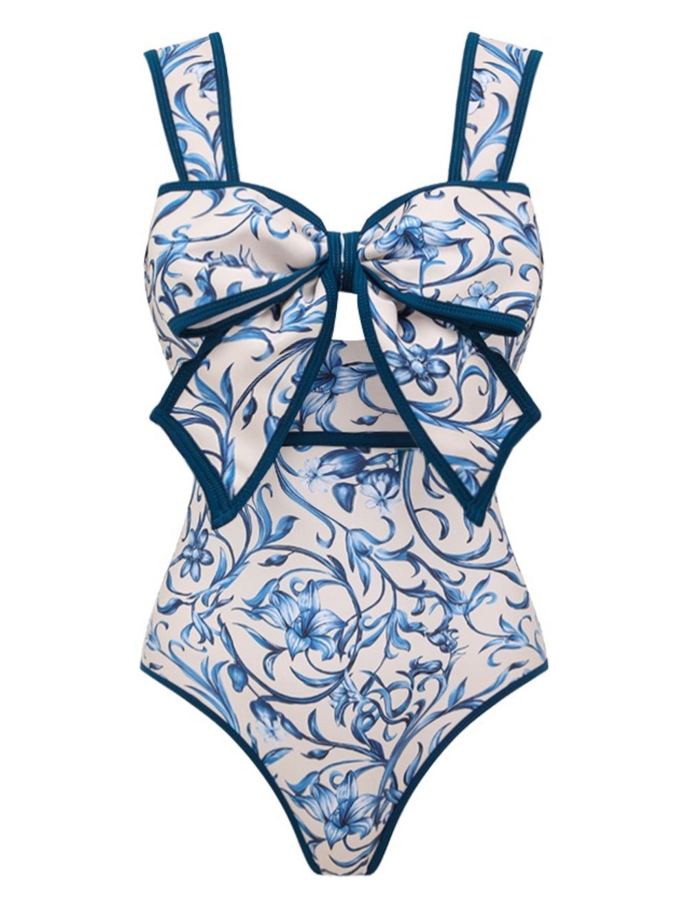 NWT Flaxmaker swim Blue bow Floral One-Piece Swimsuit with Matching skirt, small - Picture 2 of 4